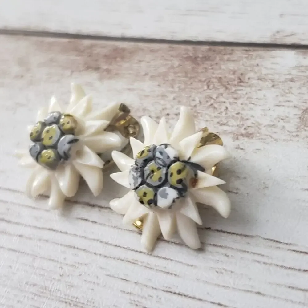 Vintage Clip On Earrings - Boho Cream Flower Unusual Blue/Green Center